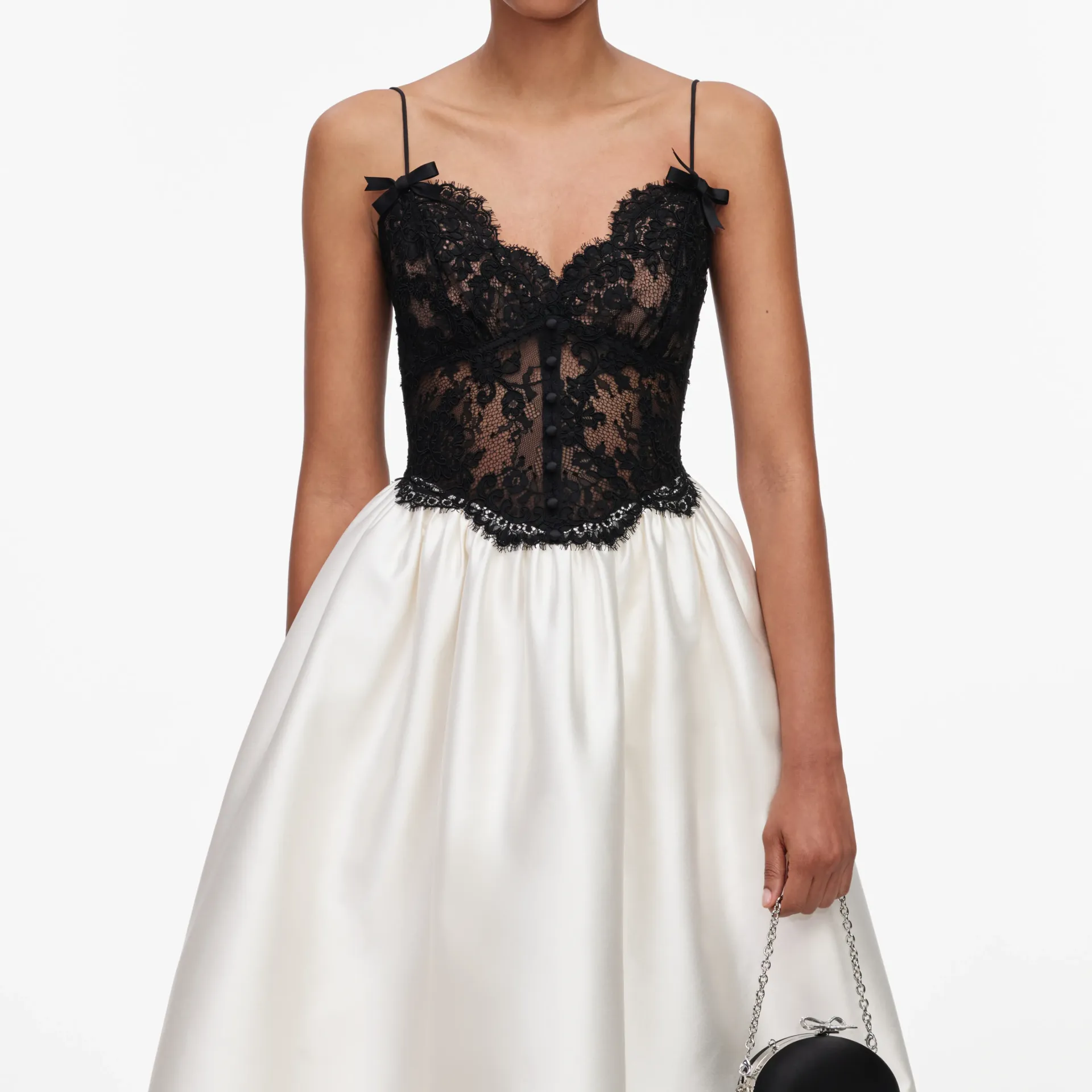 CREAM TAFFETA CONTRAST LACE MIDI DRESS (UK08)