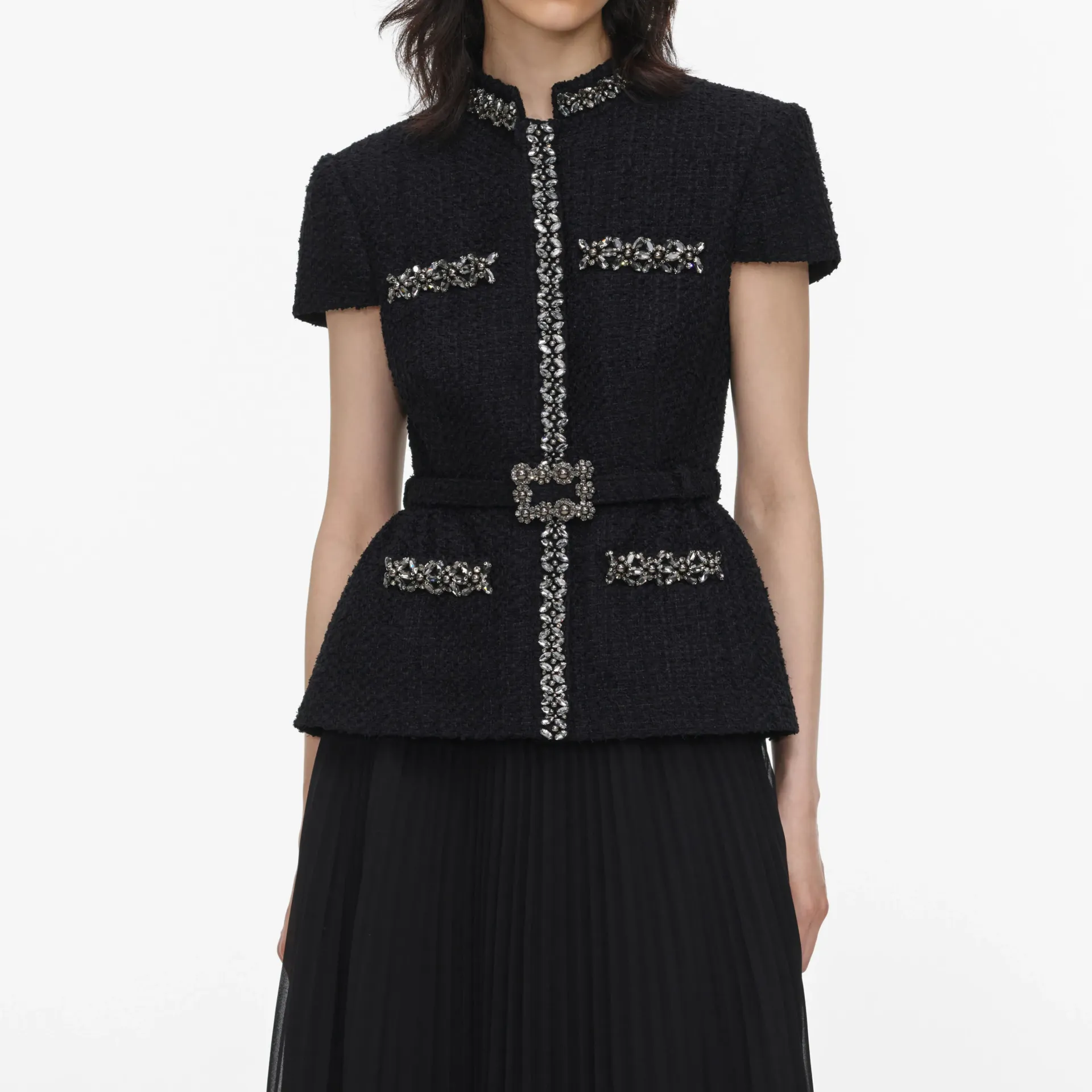 BLACK BOUCLE CRYSTAL TRIM SATIN MIDI DRESS (UK08)