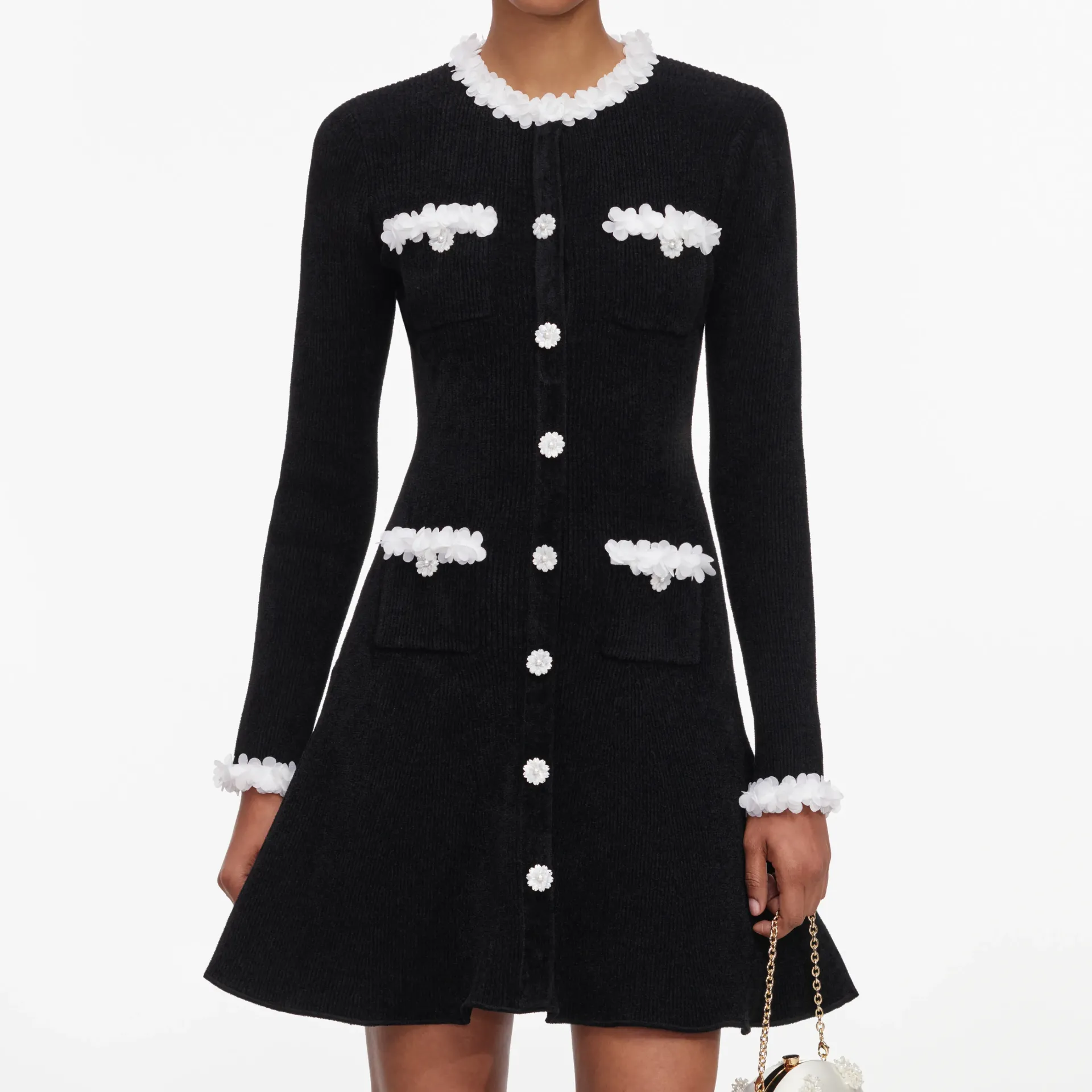 BLACK CHENILLE KNIT FLOWER TRIM MINI DRESS