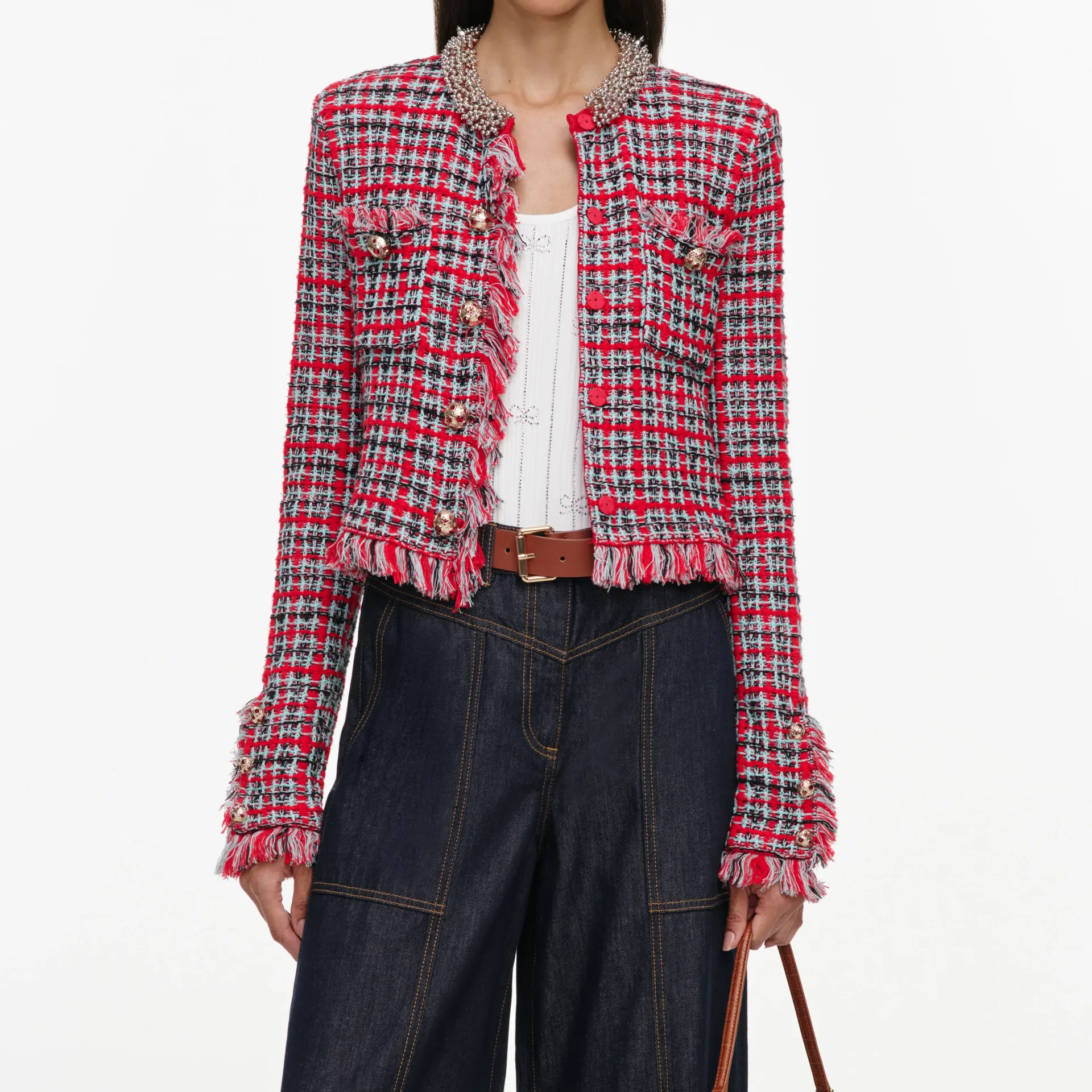 RED CHECK FRAYED KNIT JACKET (S)