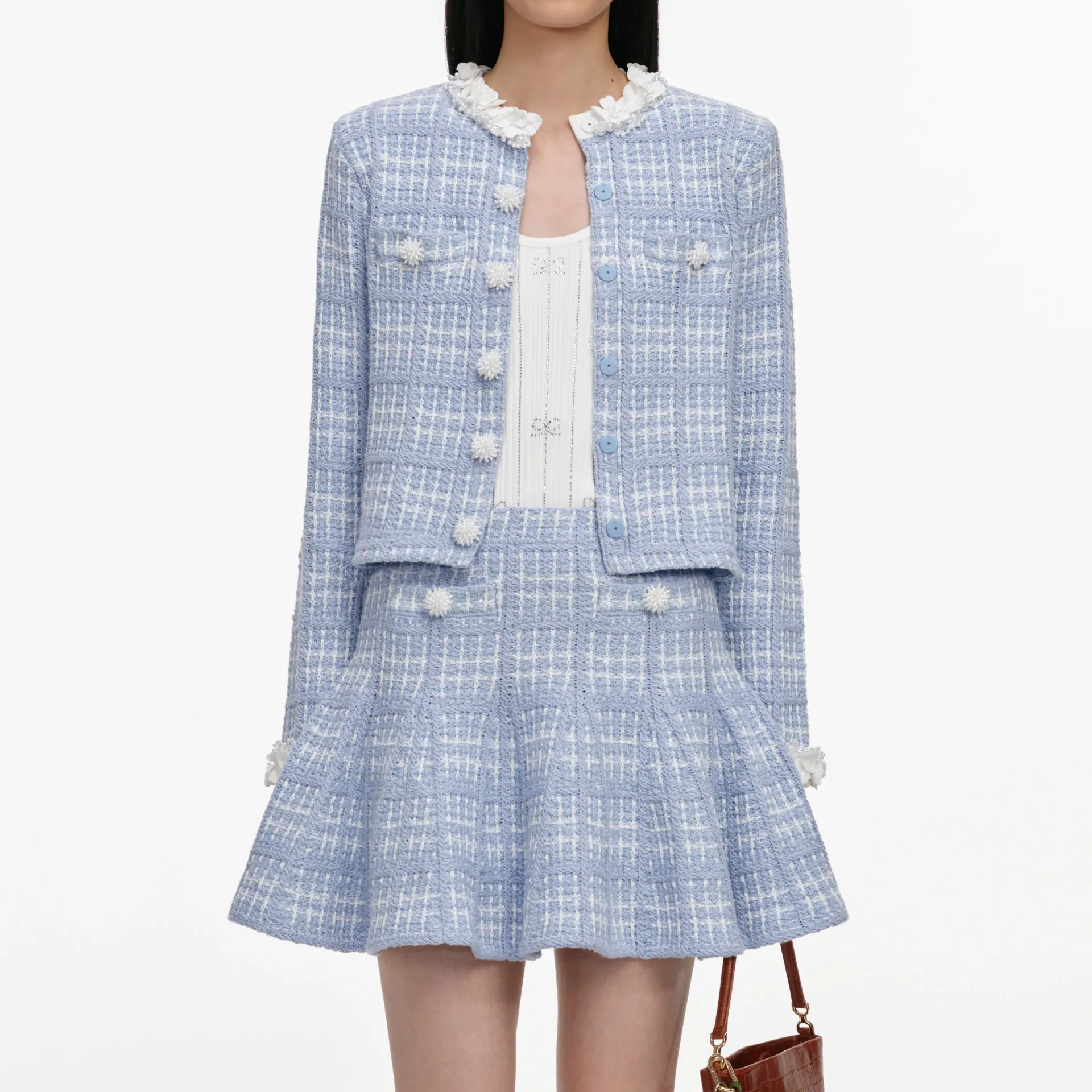 BLUE CHECK KNIT MINI SKIRT (S)