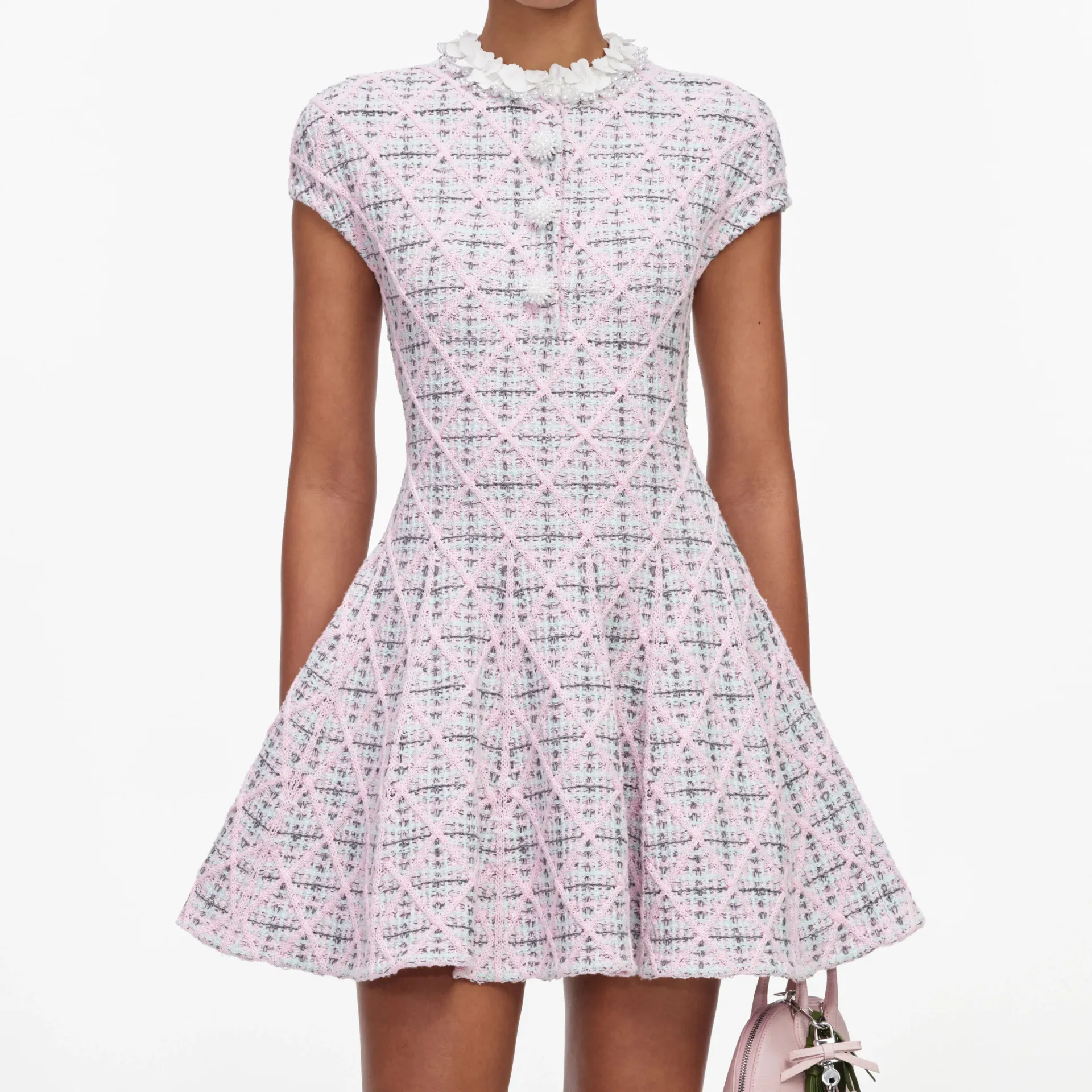 PINK CHECK KNIT BEADED MINI DRESS (S)